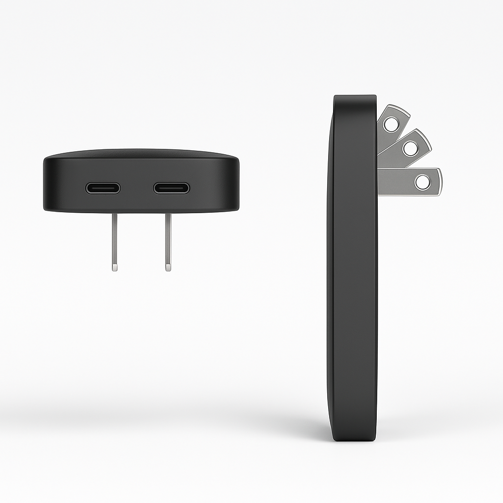 Alt text:
Black portable charger in beige travel pouch with adapters