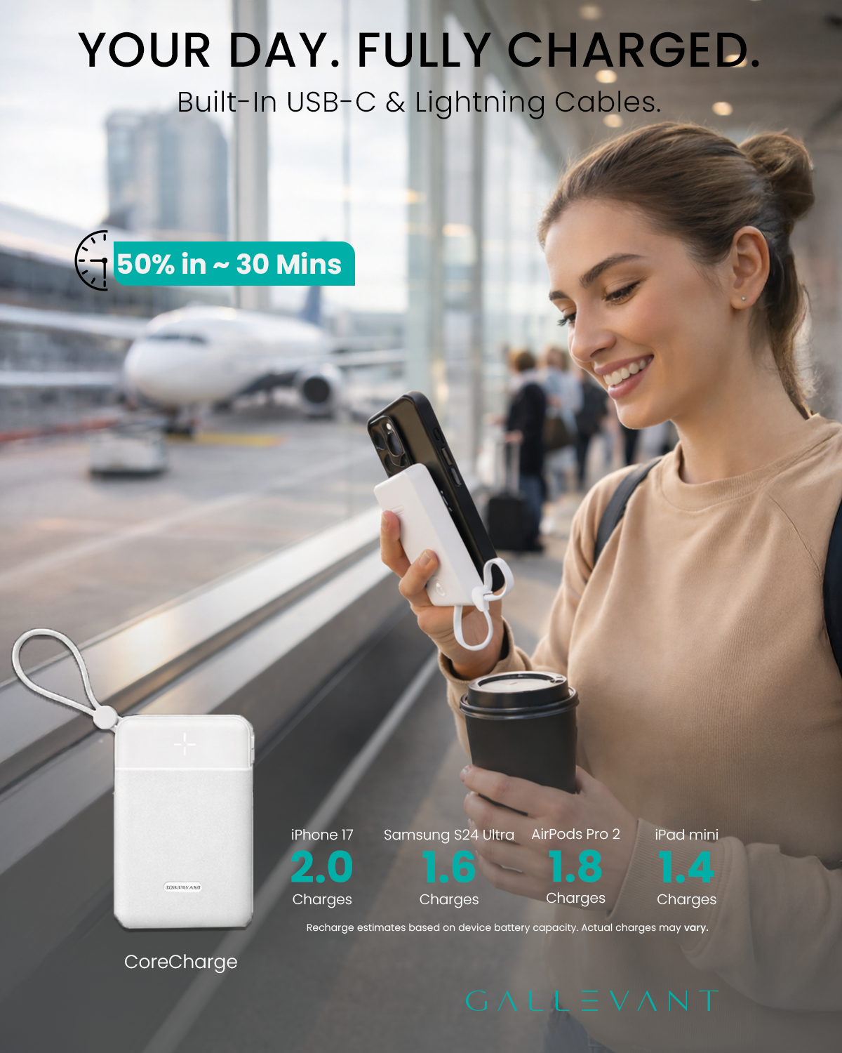 CoreCharge™ 10,000mAh Portable Power Bank with Built-In Cables