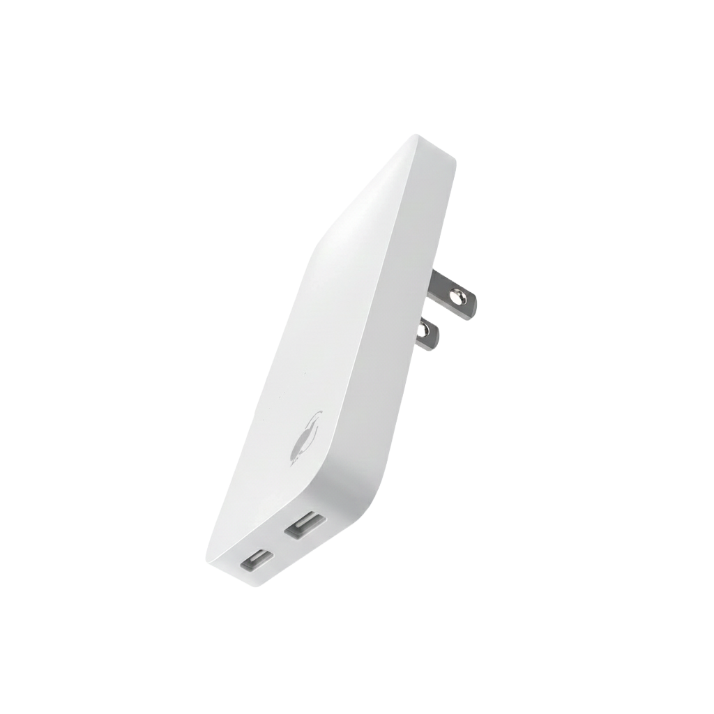 Black portable charger in beige travel pouch with adapters