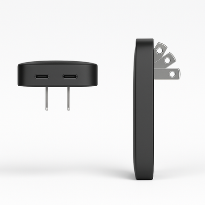 Alt text:
Black portable charger in beige travel pouch with adapters 
