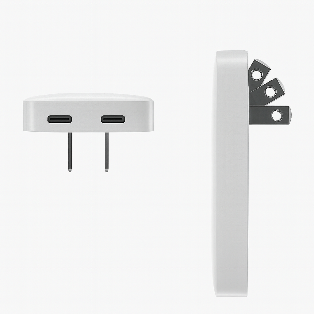 Black portable charger in beige travel pouch with adapters 