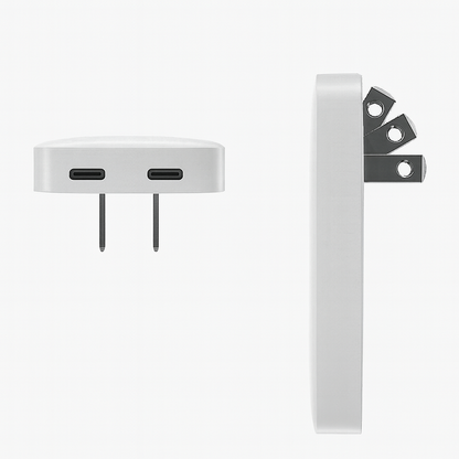 Black portable charger in beige travel pouch with adapters 