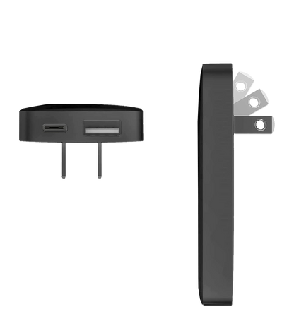 Alt text:
Black portable charger in beige travel pouch with adapters 