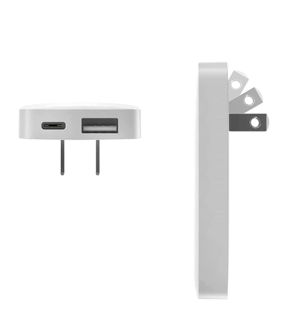 Black portable charger in beige travel pouch with adapters 