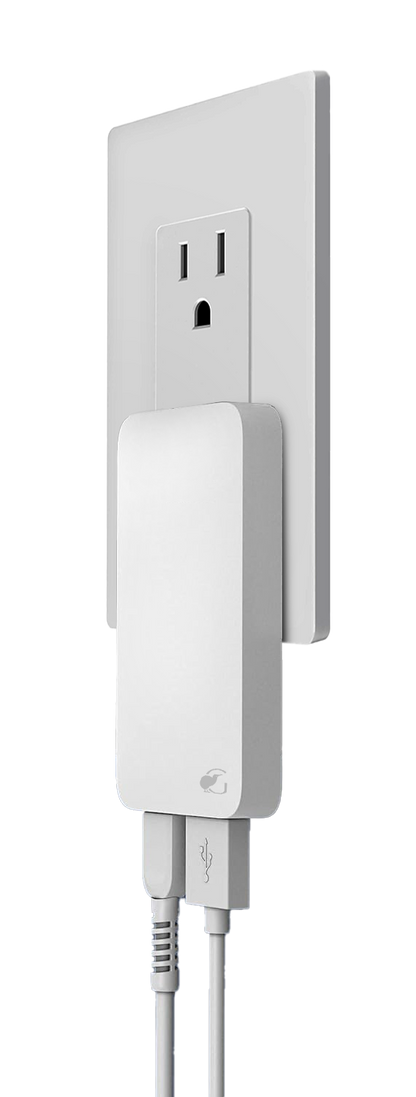 Black portable charger in beige travel pouch with adapters 