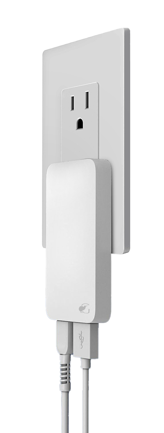 Black portable charger in beige travel pouch with adapters 