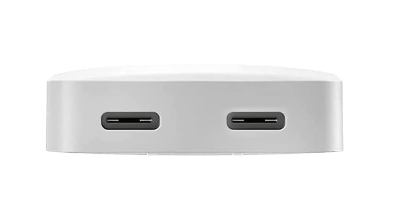 Black portable charger in beige travel pouch with adapters 