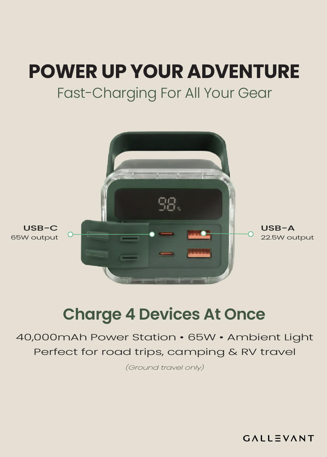RoadWarrior 40 — 40,000mAh Portable Power Station with 65W USB-C PD, Dual LED Lights & 4 Ports | Compact Carry Handle