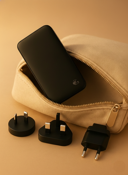 Black portable charger in beige travel pouch with adapters 
