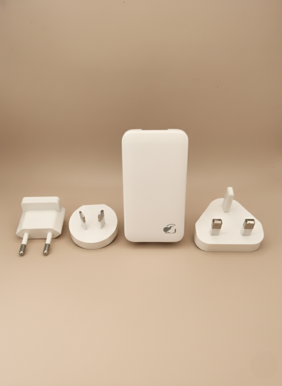 Black portable charger in beige travel pouch with adapters 