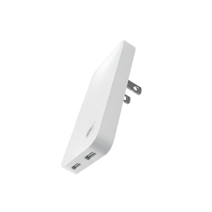 Black portable charger in beige travel pouch with adapters 